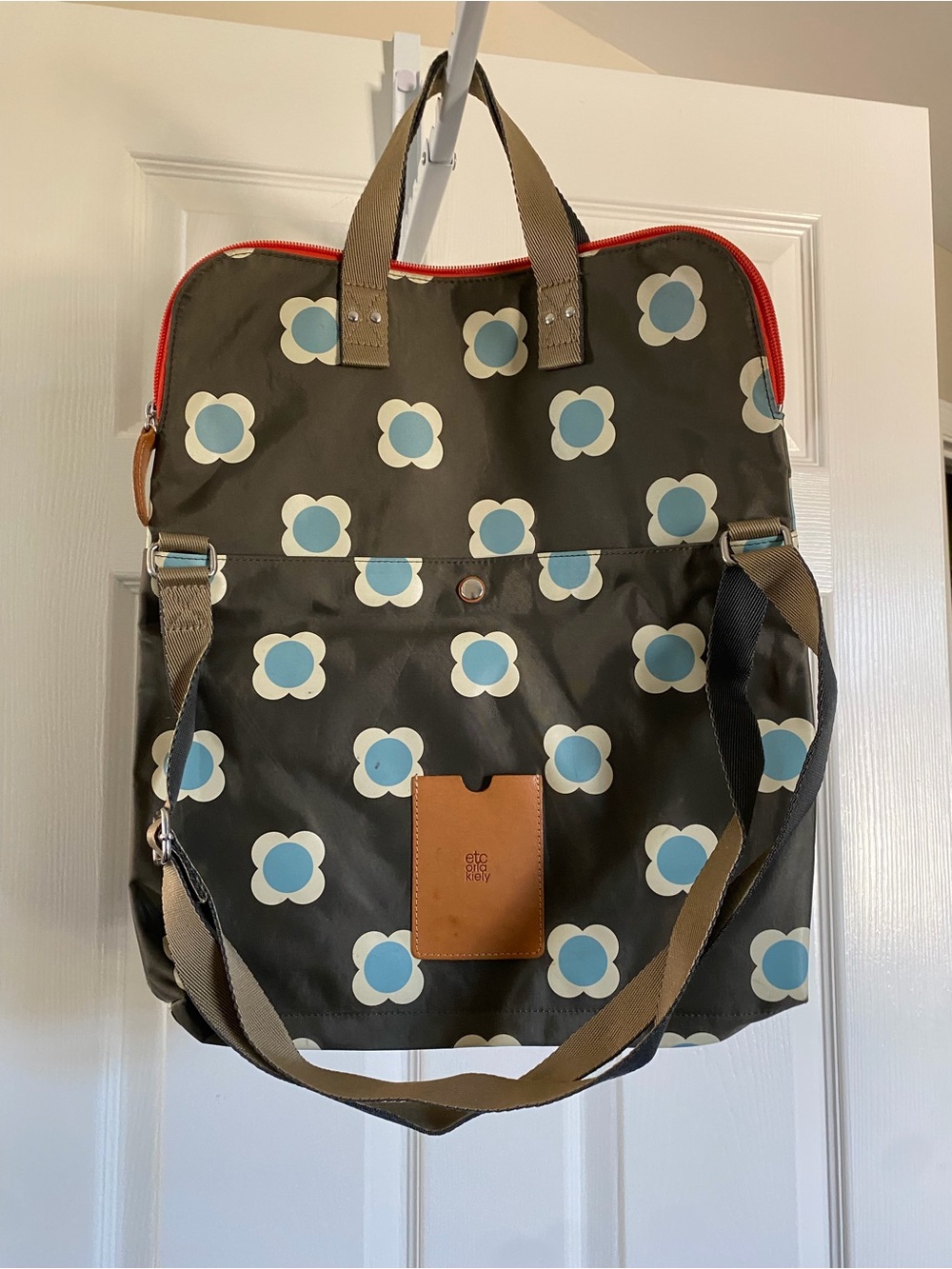 Orla Kiely Olive Backpack with Blue and Cream Flower Pattern